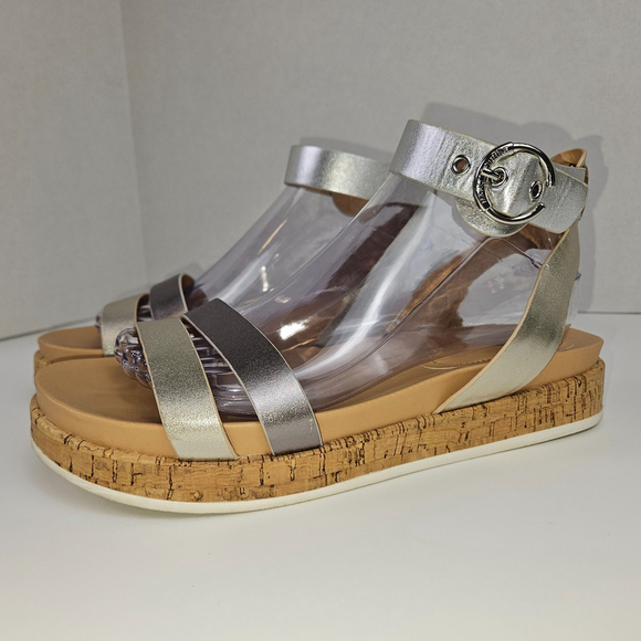 Marc Fisher Shoes - Marc Fisher Verily 8 WIDE Silver Multi Leather Cork Low Platform Sandal Metallic